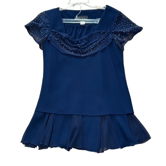 S.L. FASHIONS WOMENS NAVY BLUE SEQUINED ACCENTED 2-PC BLOUSE & SKIRT DRESS, 14 - Picture 2 of 9